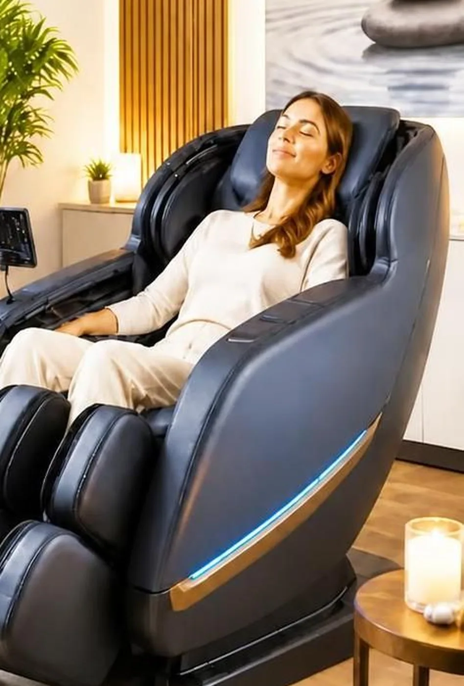 A woman relaxing in a zero gravity massage chair
